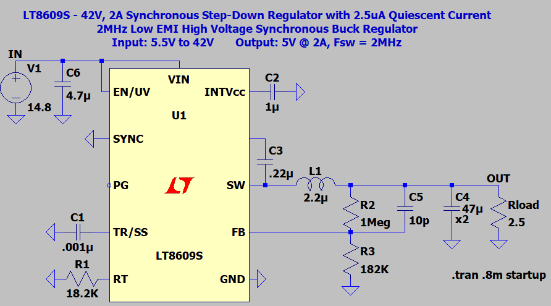 LTSpice startup simulation of the LT8609S buck regulator, stepping the 14.8 V battery down to 5 V at 2 A.