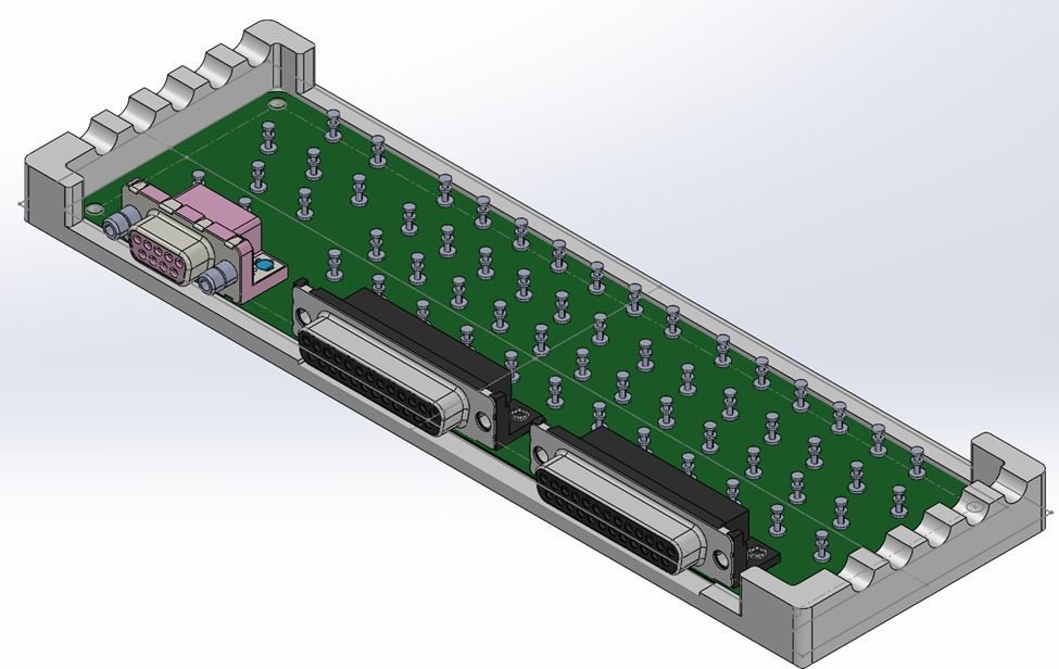 SolidWorks assembly of the board seated in its holder, with the DB connectors and test-point posts modelled.