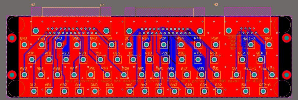 PCB layout with the top and bottom ground pours tied together by stitching vias.