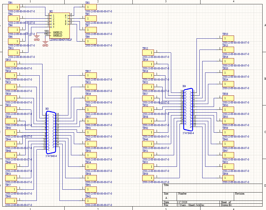Schematic: the DB connectors break each lab signal out to its own turret test point.