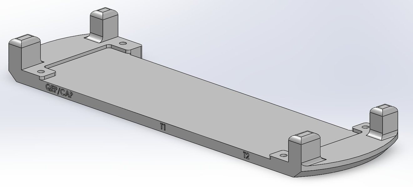 The holder in SolidWorks, with clips at each end that grip the board edges.