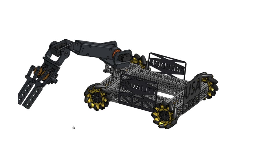CAD of the outreach robot: a mecanum chassis carrying the 2-DoF arm and four-bar claw that throws ping-pong balls.
