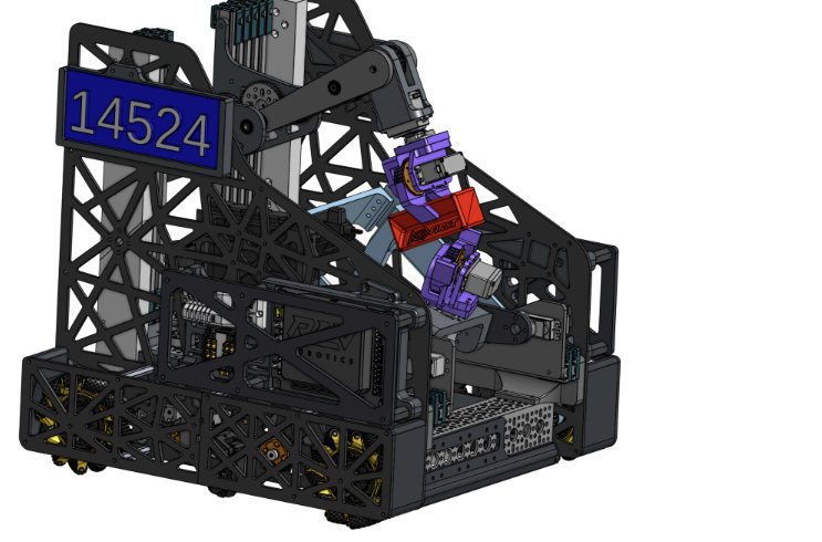Front three-quarter view of the team 14524 robot, with the arm and claw raised over the chassis.