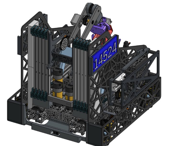 Rear three-quarter view, showing the linear slides and their motors at the back of the chassis.