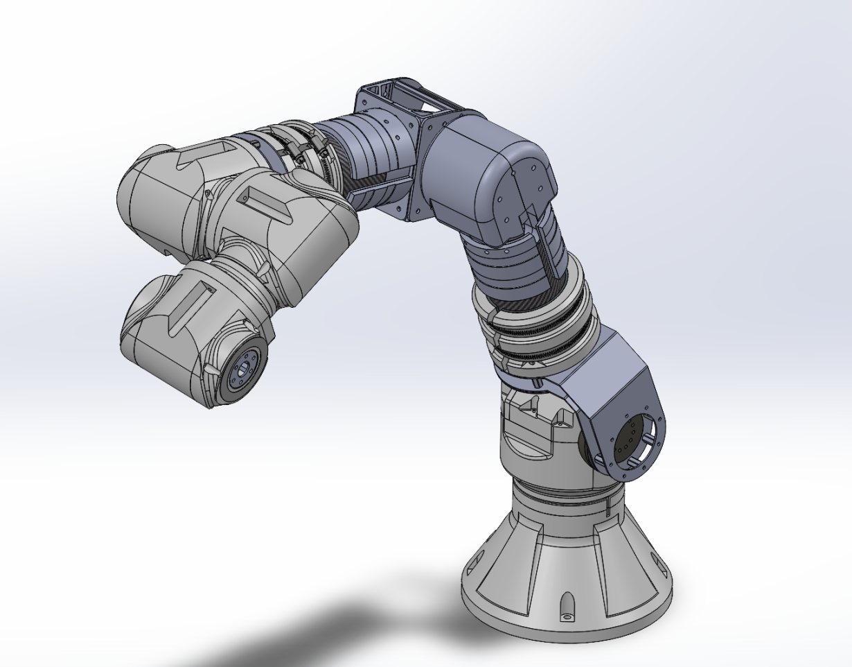 The full 6-DoF MIRAGE arm in SolidWorks, from the base to the wrist.