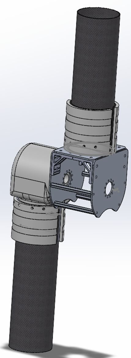 Joint 3 clamped between the arm's two carbon-fibre tubes by friction, with no holes drilled into the carbon.