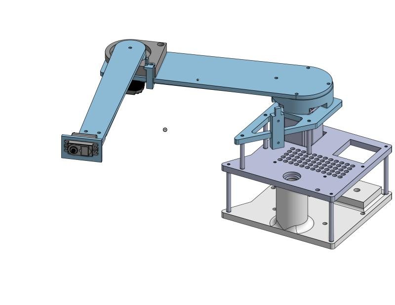 The arm assembly in Onshape: two links on a printed base that holds the steppers.