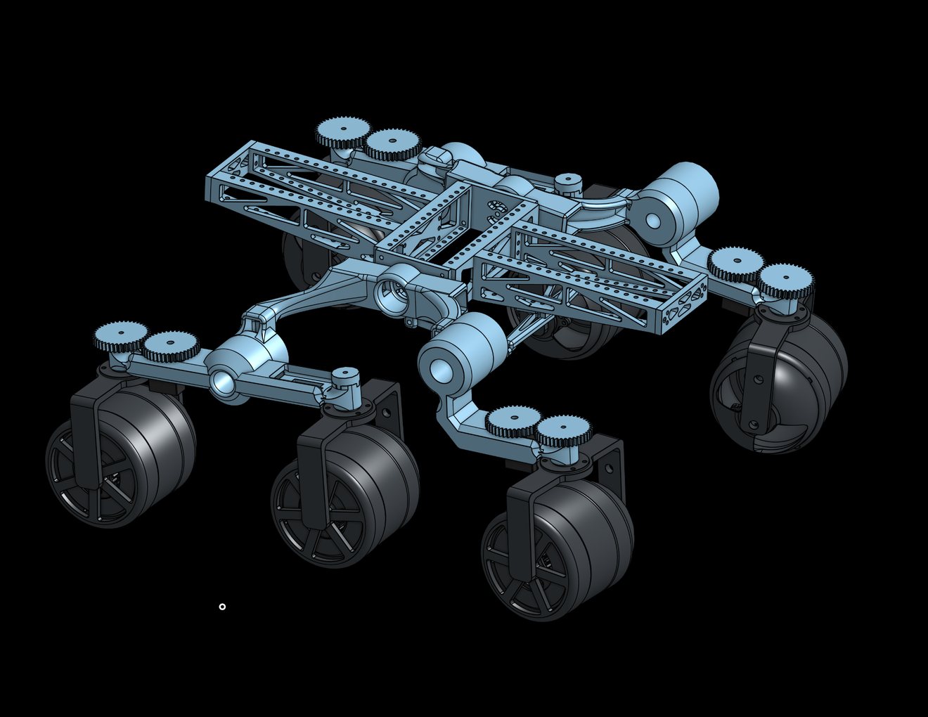 The rover in Onshape: six wheels on rocker-bogie linkages, with the planetary gearbox inside each wheel.