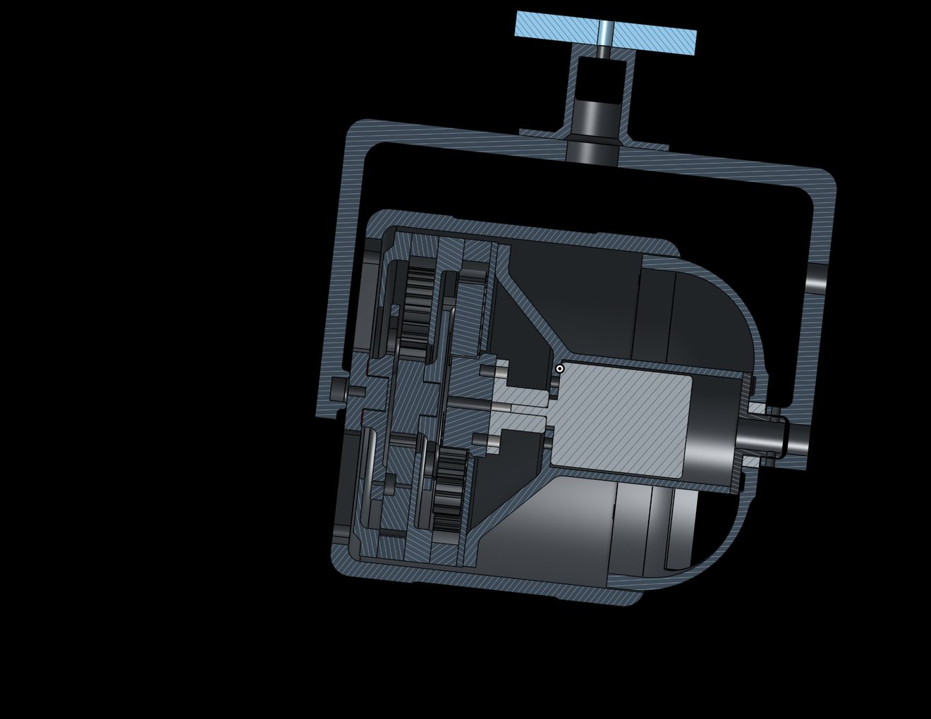 Section view of the 16:1 two-stage planetary gearbox that sits inside each wheel, driven by the 12 V gear motor.