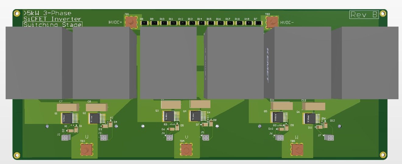 3D view of the Rev B switching stage: the three SiC half-bridges on heatsinks, with the U, V and W outputs along the bottom.