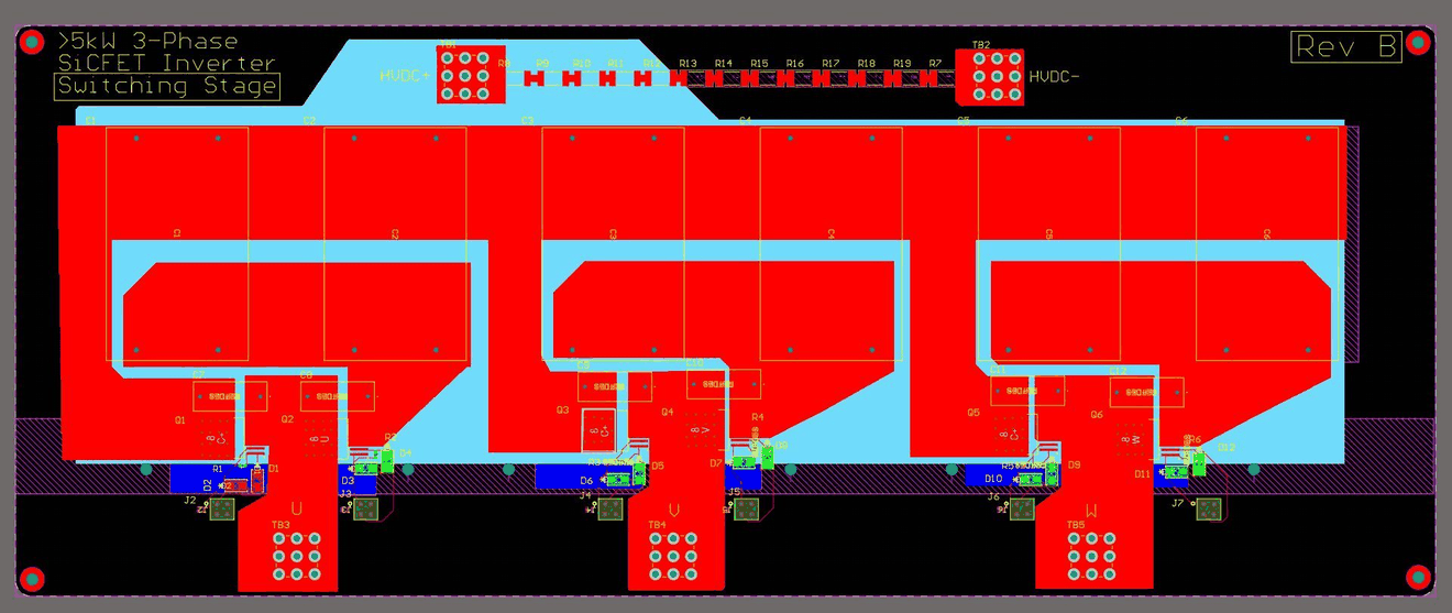 Switching-stage layout, with wide copper pours carrying the high-voltage DC bus to each phase leg.