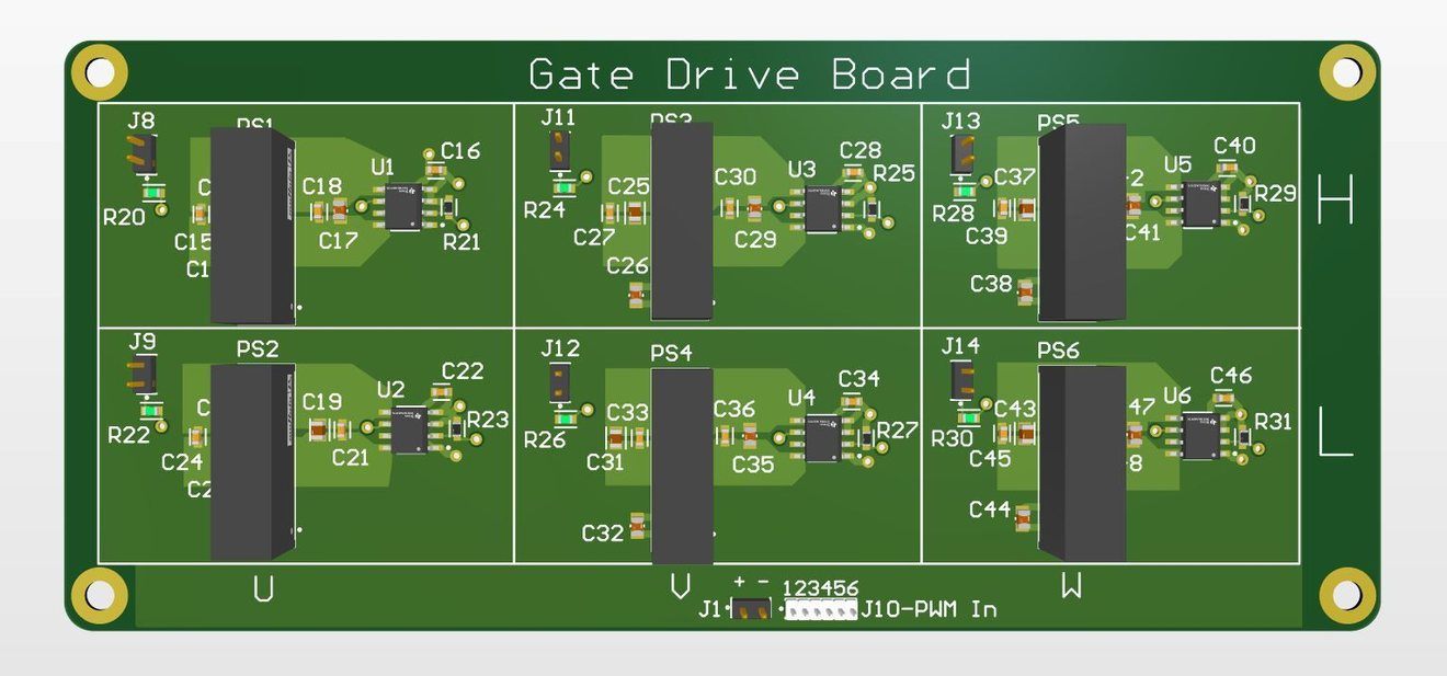 3D view of the gate-drive board: six isolated channels, a high side and a low side for each of the U, V and W phases.