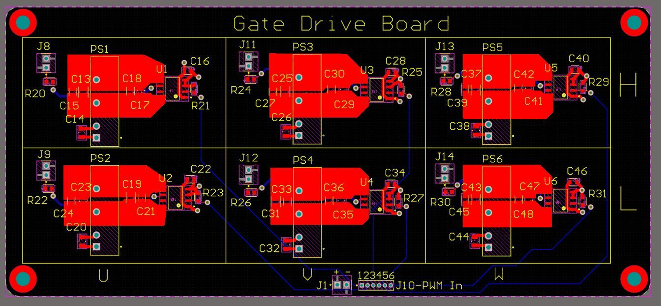 Gate-drive board layout. Each channel has its own isolated DC-DC module and driver IC, split into separate isolated zones.