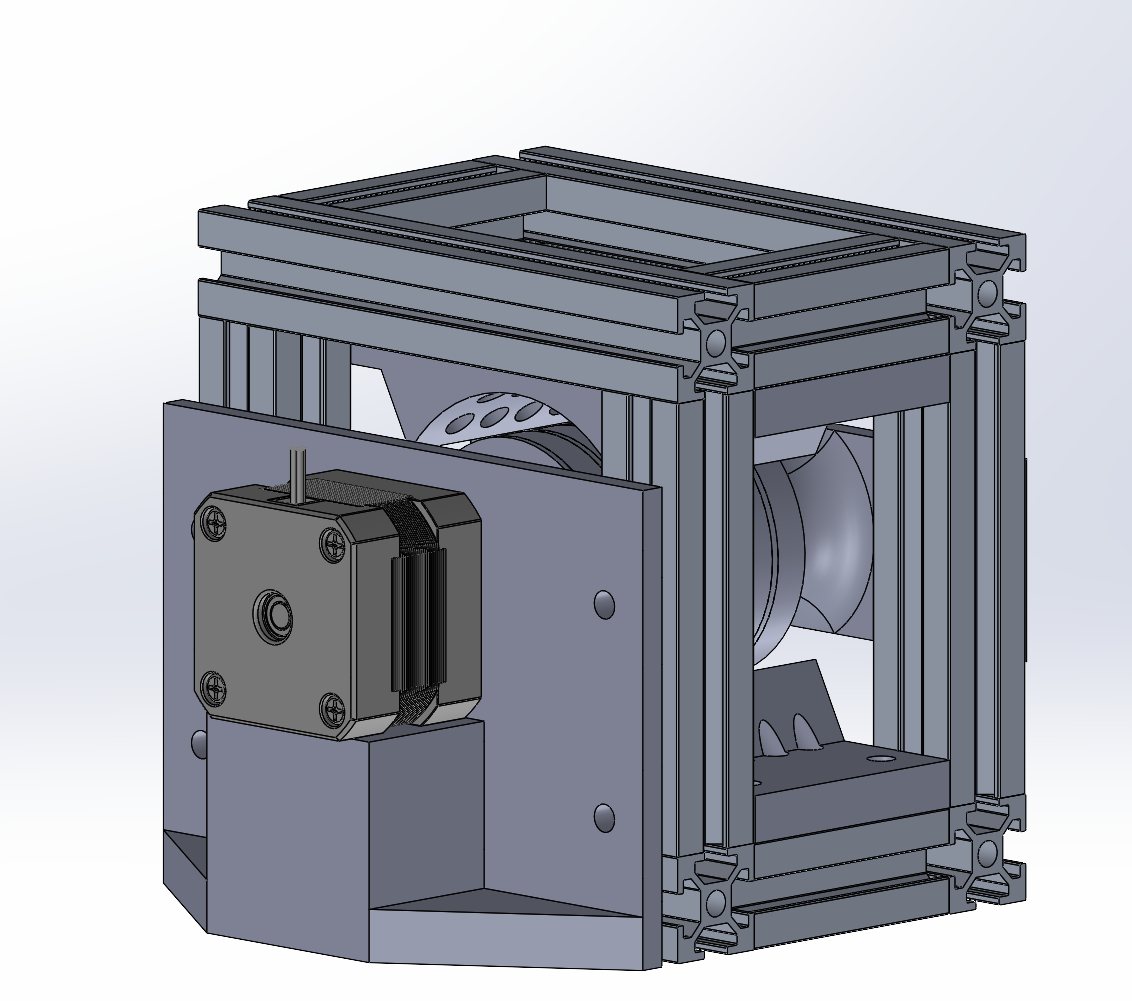 The bench in SolidWorks from the stepper side. The motor spins the slip ring inside an aluminium-extrusion frame.